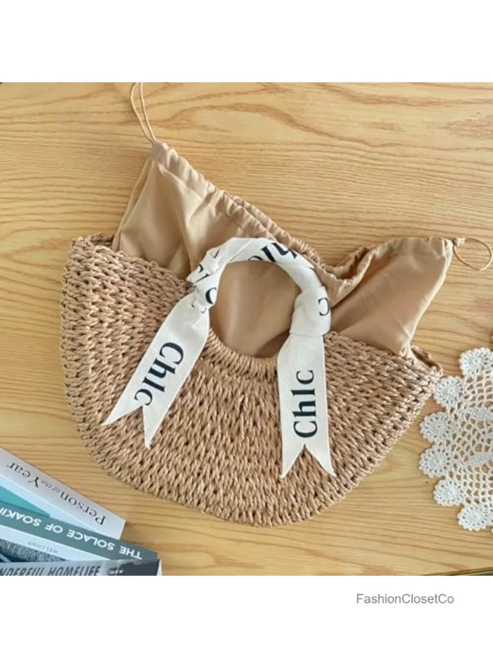 Handmade Straw Woven Hobo Purse with Drawstring Closure & Top Handle
